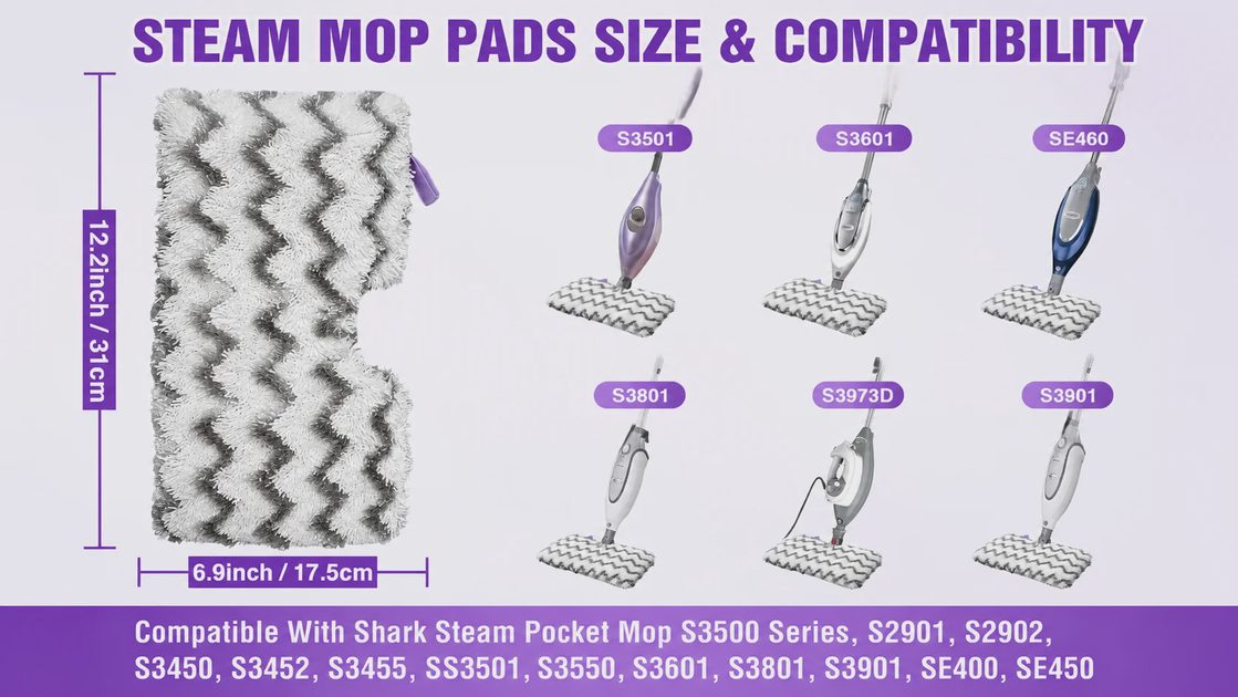 Steam mop pads size 12.2 x 6.9 inch compatible with Shark Steam Pocket Mop S3501 S3601 S3801 S3901 SE450.