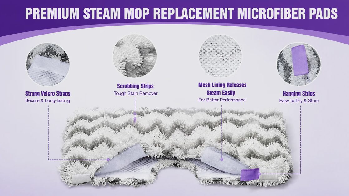 Premium steam mop replacement microfiber pads with scrubbing strips, mesh lining, velcro straps, and hanging loops.