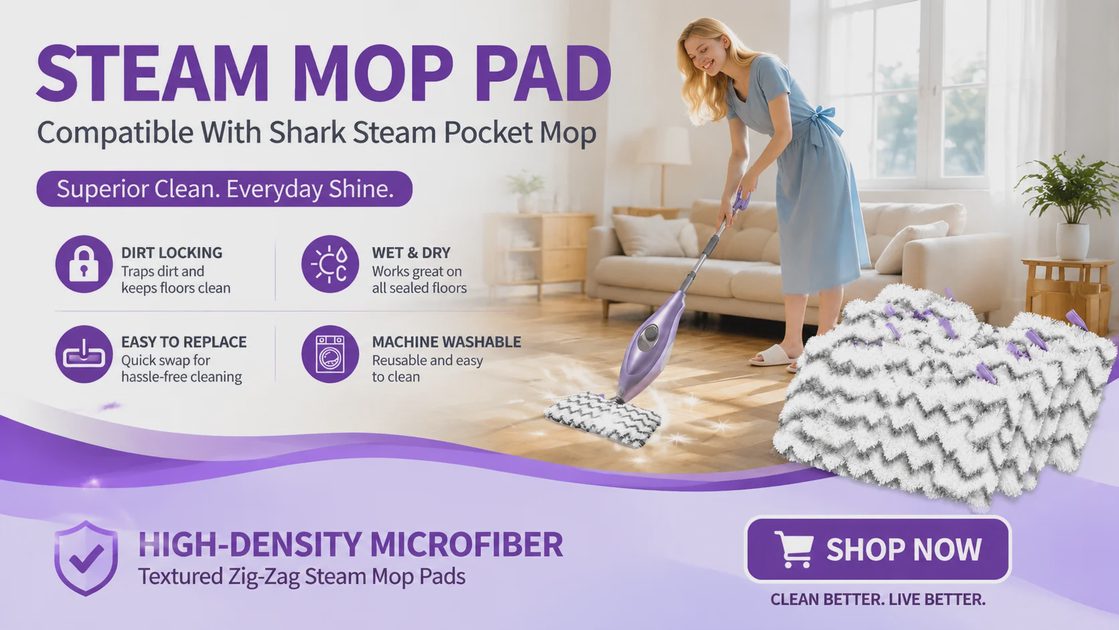 High-density microfiber textured zig-zag steam mop pads pack compatible with Shark mops with Shop Now button.