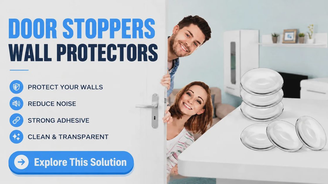 Clear self adhesive door stoppers wall protectors with happy couple in modern living room.