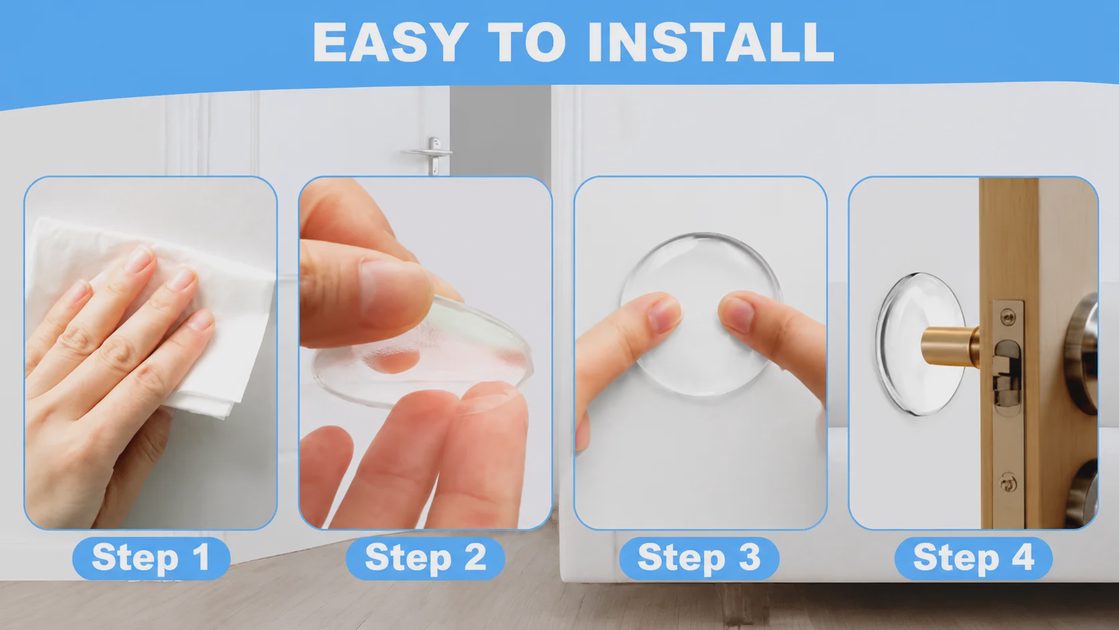 4-step installation guide for self adhesive clear door knob wall protector pads.