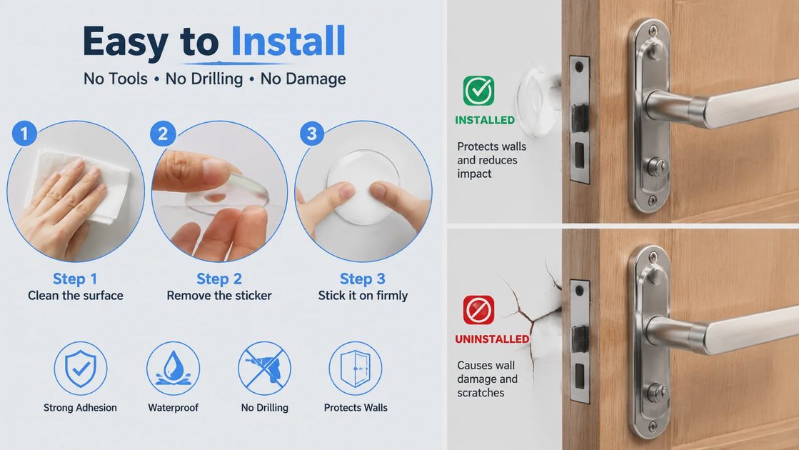 3-step self adhesive door knob wall protector installation guide with before and after comparison.