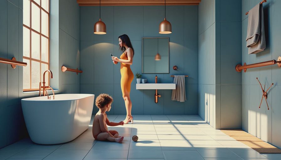 Visual context for light grey bathroom floor tiles